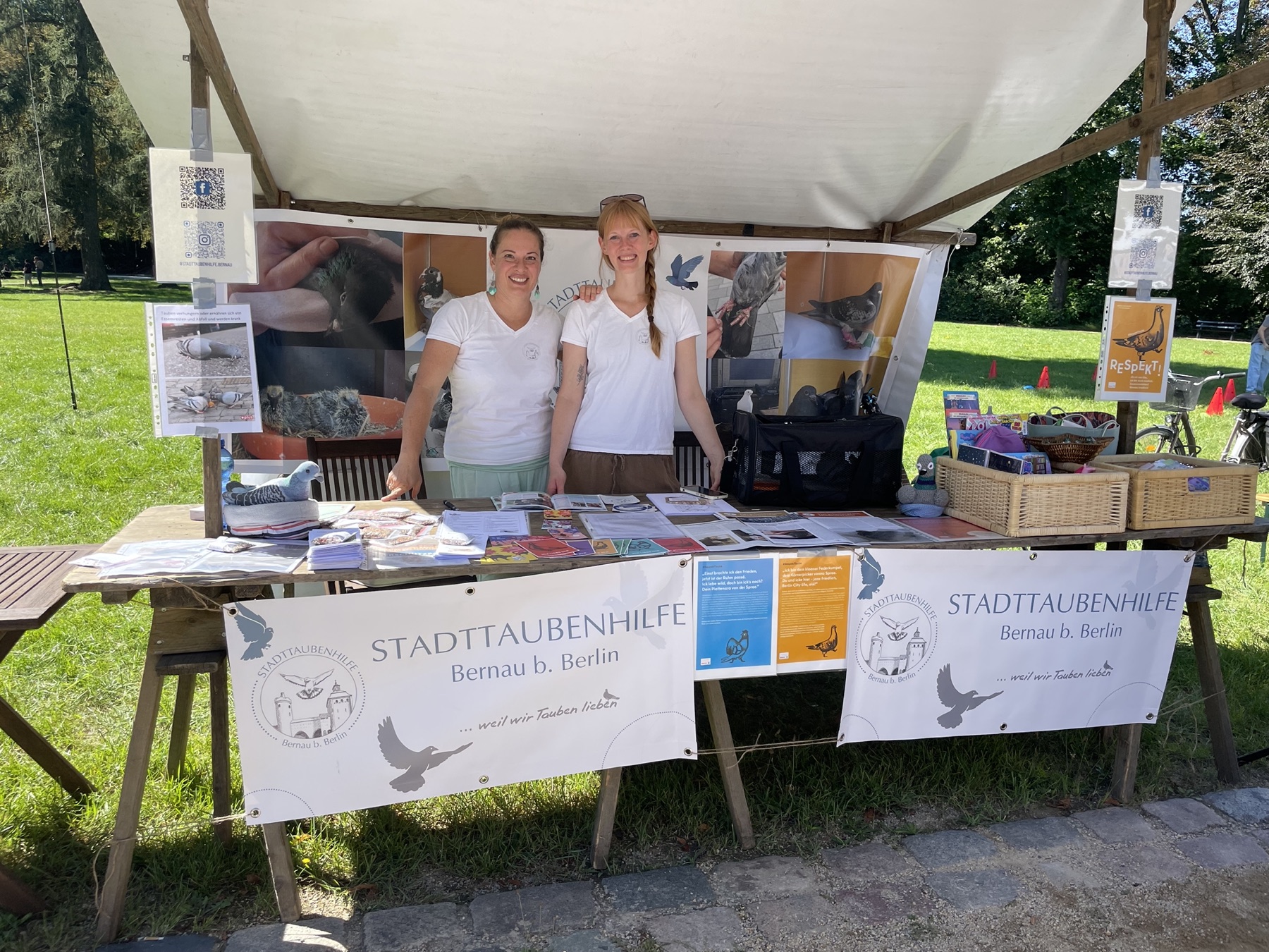 Infostand der Stadttaubenhilfe Bernau auf einer Wiese
