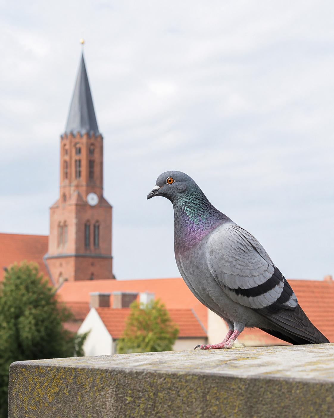 Stadttaube vor Bernauer Kirchturm